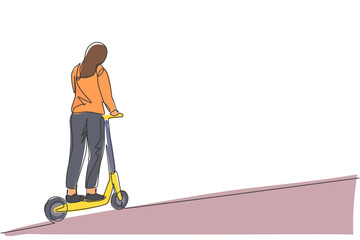 Poster - Single continuous line drawing of young happy woman riding electric scooter at public area. Eco friendly transportation. Urban lifestyle concept. Trendy one line draw design vector illustration