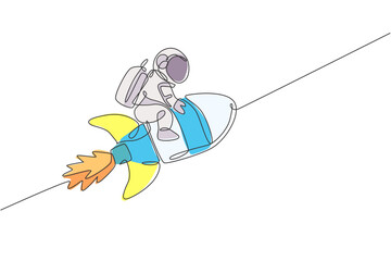 Poster - single continuous line drawing of astronaut in spacesuit flying at outer space while sitting and rid