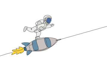 Poster - one single line drawing of astronaut in spacesuit floating and discovering deep space while standing