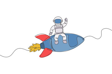 Poster - one continuous line drawing of spaceman astronaut waving hand and sit on flying rocket. cosmonaut ex