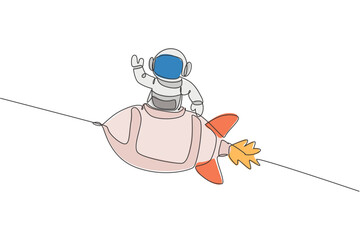 Poster - one continuous line drawing of spaceman astronaut science discovering cosmos galactic while waving h