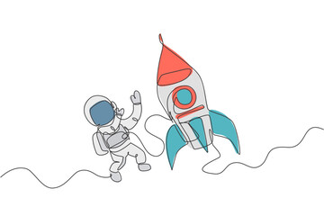 Poster - one continuous line drawing of spaceman astronaut science discovering cosmos galactic with rocket. c