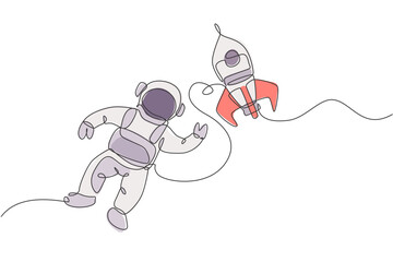 Poster - one single line drawing of astronaut in spacesuit floating and discovering deep space with rocket sp