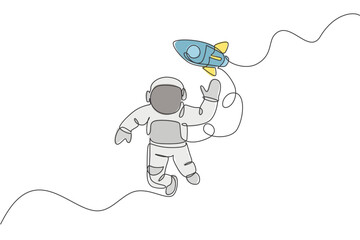 Poster - one continuous line drawing of waving hand spaceman astronaut science discovering cosmos galactic wi