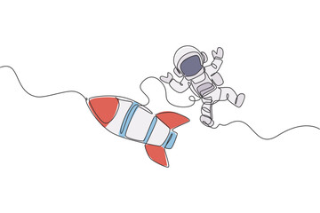 Poster - single continuous line drawing of astronaut in spacesuit flying at outer space with rocket spacecraf