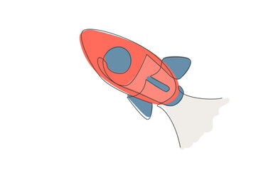 Poster - single continuous line drawing rocket launch fly into the sky universe. vintage spacecraft rocketshi