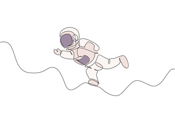 Poster - One single line drawing of young astronaut in spacesuit flying at outer space vector graphic illustration. Spaceman adventure galactic space concept. Modern continuous line draw design