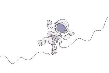 Poster - One continuous line drawing of young astronaut scientist exploring outer space in retro style. Spaceman cosmos discovery concept. Dynamic single line draw graphic design vector illustration