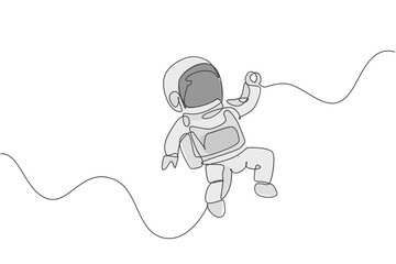Poster - One single line drawing of young astronaut in spacesuit flying at outer space vector illustration graphic. Spaceman adventure galactic space concept. Modern continuous line draw design
