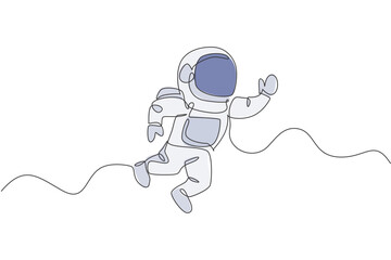 Poster - One continuous line drawing of young astronaut scientist exploring outer space in retro style. Spaceman cosmos discovery concept. Dynamic single line draw design vector graphic illustration