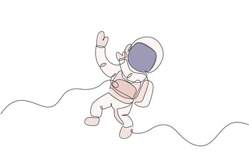 Poster - Single continuous line drawing of young cosmonaut scientist discovering spacewalk universe in vintage style. Astronaut cosmic traveler concept. Trendy one line draw graphic design vector illustration