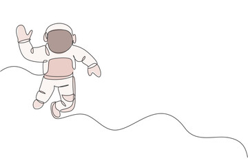 Poster - One single line drawing of young astronaut in spacesuit flying at outer space vector illustration. Spaceman adventure galactic space concept. Modern continuous line draw graphic design
