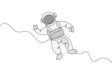 Poster - Single continuous line drawing of young cosmonaut scientist discovering spacewalk universe in vintage style. Astronaut cosmic traveler concept. Trendy one line draw design vector graphic illustration