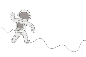Poster - One continuous line drawing of young astronaut scientist exploring outer space in retro style. Spaceman cosmos discovery concept. Dynamic single line draw design graphic vector illustration