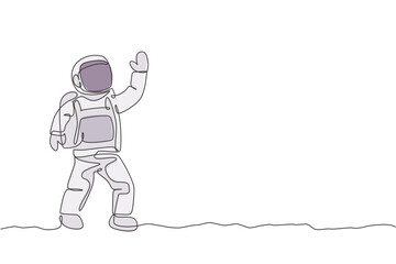 Poster - Single continuous line drawing of young cosmonaut scientist discovering spacewalk universe in vintage style. Astronaut cosmic traveler concept. Trendy one line draw graphic design vector illustration