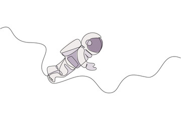 Poster - one single line drawing of young astronaut in spacesuit flying at outer space vector illustration. s
