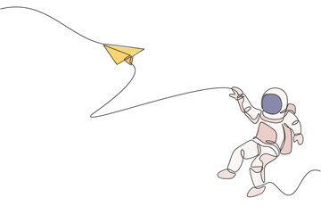 Poster - One single line drawing of space man astronaut exploring outer space, launching plane paper graphic vector illustration. Fantasy outer space life fiction concept. Modern continuous line draw design