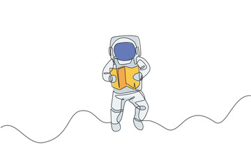Poster - Single continuous line drawing floating science astronaut in spacewalk reading map navigator. Fantasy deep space exploration, fiction concept. Trendy one line draw design graphic vector illustration