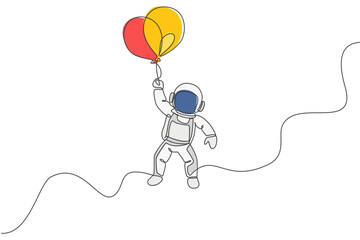 Poster - One continuous line drawing of cosmonaut exploring outer space. Astronaut flying with balloons. Fantasy cosmic galaxy discovery concept. Dynamic single line draw graphic design vector illustration