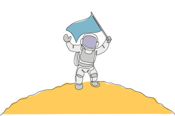 Poster - Single continuous line drawing science astronaut in moon surface waving flag to celebrate the landing. Fantasy deep space exploration, fiction concept. One line draw design vector illustration graphic