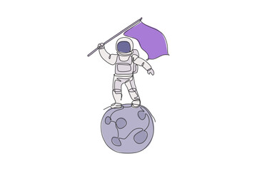 Poster - One continuous line drawing of cosmonaut exploring outer space. Astronaut waving flag while standing on full moon. Fantasy cosmic galaxy discovery concept. Single line draw design vector illustration