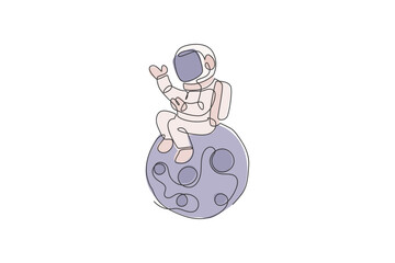 Poster - one continuous line drawing of cosmonaut exploring outer space. astronaut sitting on full moon. fant