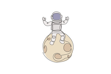 Poster - single continuous line drawing of floating science astronaut in spacewalk and sitting on full moon. 