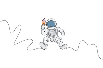 Poster - One continuous line drawing of cosmonaut flying and eating sweet cold cone milk ice cream in galactic. Fantasy outer space astronaut life concept. Dynamic single line draw design vector illustration