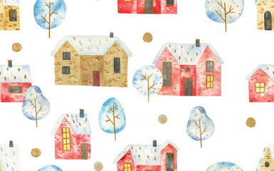  seamless pattern with winter christmas trees, red and yellow houses, gold dots, watercolor childish illustration