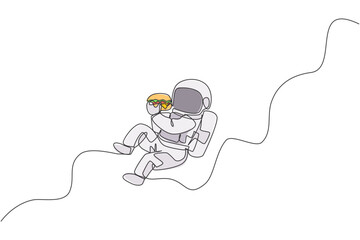 Poster - One single line drawing of astronaut flying in cosmos galaxy while eating spicy delicious burger vector graphic illustration. Fantasy outer space life concept. Modern continuous line draw design