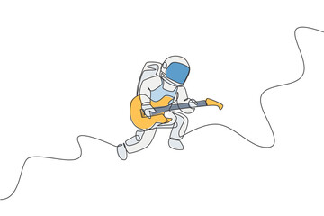 Poster - one continuous line drawing of astronaut with spacesuit playing acoustic guitar in galaxy universe. 