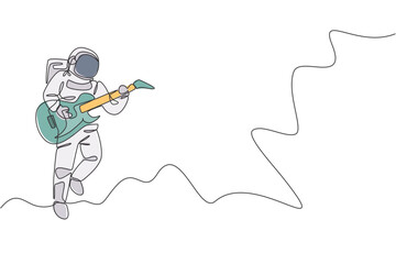 Poster - Single continuous line drawing of astronaut playing electric guitar musical instrument in cosmic galaxy. Outer space music concert concept. Trendy one line draw design graphic vector illustration