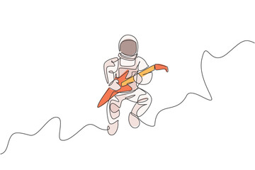 Poster - One continuous line drawing of astronaut with spacesuit playing electric guitar in galaxy universe. Outer space music concert concept. Dynamic single line draw graphic design vector illustration