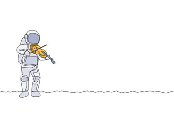 Poster - One single line drawing of spaceman playing violin musical instrument in deep space vector graphic illustration. Music concert poster with space astronaut concept. Modern continuous line draw design