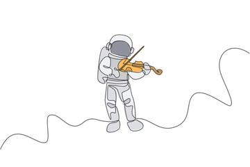Poster - single continuous line drawing of astronaut playing beauty violin musical instrument in cosmic galax