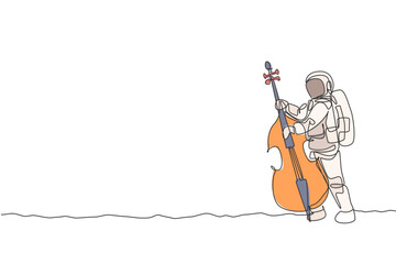 Poster - One single line drawing of spaceman cellist playing cello musical instrument on moon surface vector illustration. Music concert poster with space astronaut concept. Modern continuous line draw design