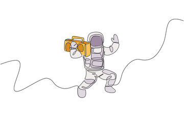 Poster - Single continuous line drawing of astronaut bringing vintage radio on shoulder in cosmic galaxy. Outer space music concert concept. Trendy one line draw design graphic vector illustration