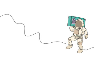 Poster - One continuous line drawing astronaut with spacesuit playing radio on shoulder in galaxy universe. Outer space music concert and orchestra concept. Single line draw design graphic vector illustration