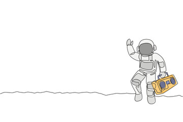 Poster - Single continuous line drawing of astronaut walking and holding retro radio with hand on moon surface. Outer space music concert concept. Trendy one line draw graphic design vector illustration