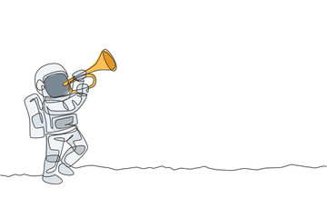 Poster - One single line drawing spaceman playing trumpet musical instrument in moon surface graphic vector illustration. Music concert poster with space astronaut concept. Modern continuous line draw design