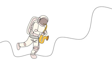 Poster - One continuous line drawing astronaut with spacesuit playing saxophone in galaxy universe. Outer space music concert and orchestra concept. Dynamic single line draw design graphic vector illustration