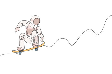Poster - one continuous line drawing of astronaut riding skateboard in deep space galaxy. spaceman healthy fi