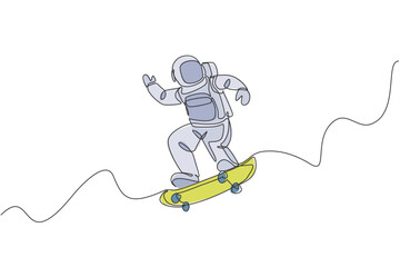 Poster - Single continuous line drawing of astronaut riding skateboard on moon surface, outer deep space. Space astronomy galaxy sport concept. Trendy one line draw design vector illustration graphic