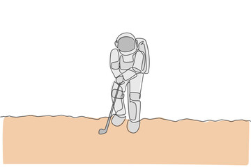 Poster - One single line drawing of spaceman astronaut practicing golf on moon surface, cosmic galaxy vector illustration. Healthy space cosmonaut lifestyle sport concept. Modern continuous line draw design
