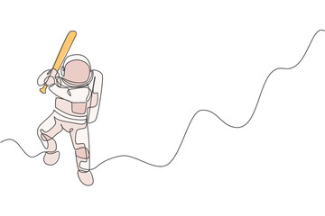 Poster - Single continuous line drawing of astronaut playing baseball on moon surface. Space astronomy galaxy sport concept. Trendy one line draw graphic design vector illustration