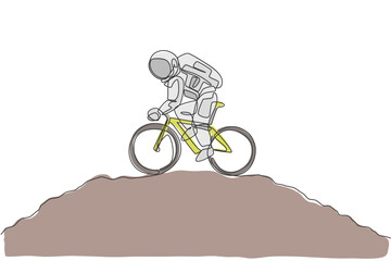 Poster - One single line drawing of spaceman astronaut practice bicycle on moon surface cosmic galaxy vector illustration. Healthy space cosmonaut lifestyle sport concept. Modern continuous line draw design