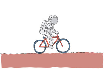 Poster - One single line drawing of spaceman astronaut riding bicycle on moon surface, cosmic galaxy vector illustration. Healthy space cosmonaut lifestyle sport concept. Modern continuous line draw design