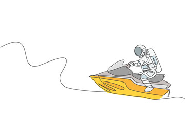 Poster - Single continuous line drawing of astronaut exercise jetski on moon surface, outer deep space. Space astronomy galaxy sport concept. Trendy one line draw graphic design vector illustration