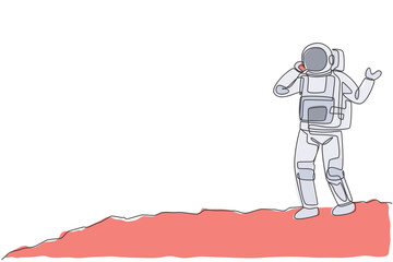 Poster - One single line drawing of cosmonaut make a call to partner using smartphone in moon surface vector illustration. Astronaut business office with outer space concept. Modern continuous line draw design