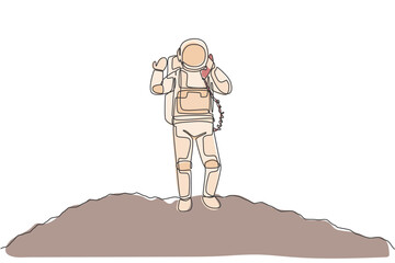 Poster - Single continuous line drawing of astronaut in moon surface calling with phone satellite. Business office with galaxy outer space concept. Trendy one line draw graphic design vector illustration